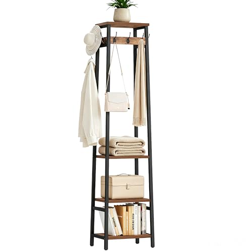 Freestanding Hall Tree with 3 Shelves and 7 Hooks, Industrial Coat Rack