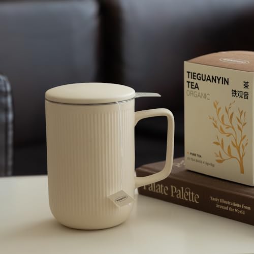 WENSHUO 20 oz Matte Crème Ceramic Tea Infuser Mug with Lid & Fine Mesh Filter