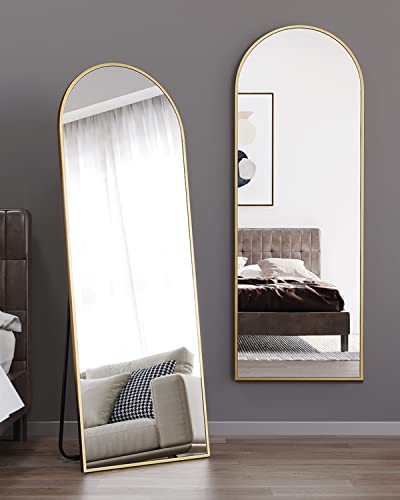 Arched Full Length Floor Mirror with Stand, Gold Aluminum Frame