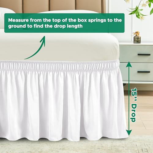 Wrap Around King Bed Skirt with 15-Inch Drop - Elastic Dust Ruffle, White