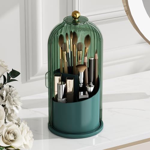 GAXmi Green Rotating Makeup Brush Holder with Lid, Waterproof & Dustproof