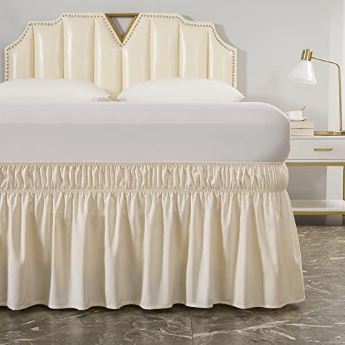 Wrap Around Elastic Bed Skirt - 16-Inch Drop Dust Ruffle (Queen/King, Beige)