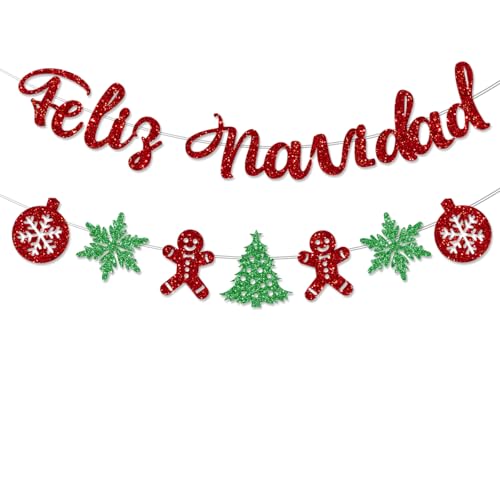 Feliz Navidad Banner, Pre-Strung Christmas Spanish Banner – 9.8 ft Glitter Text