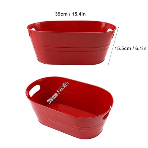 Biugaaufai 2 Pack 3 Gallon Red Galvanized Beverage Tubs with Handles - Large Metal Drink Buckets for Parties & Outdoor Events