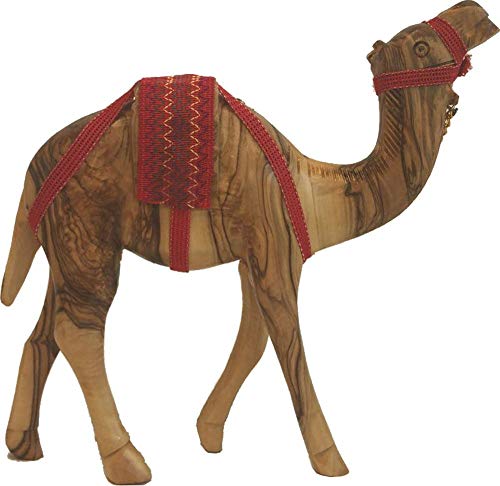 Olive Wood Nativity Camel Figurine with Red Saddle & Chain - 11 Inch
