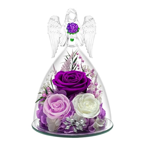 Preserved Purple Rose in Glass Angel Figurine - Eternal Flower Gift