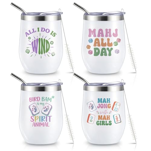 Cute Mahjong Wine Tumbler Set - 4 Pack 12oz Stainless Steel Cups for Women & Men
