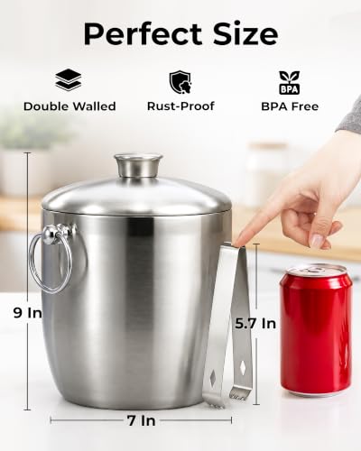 Zulay Kitchen 3L Double-Wall Insulated Stainless Steel Ice Bucket with Tongs