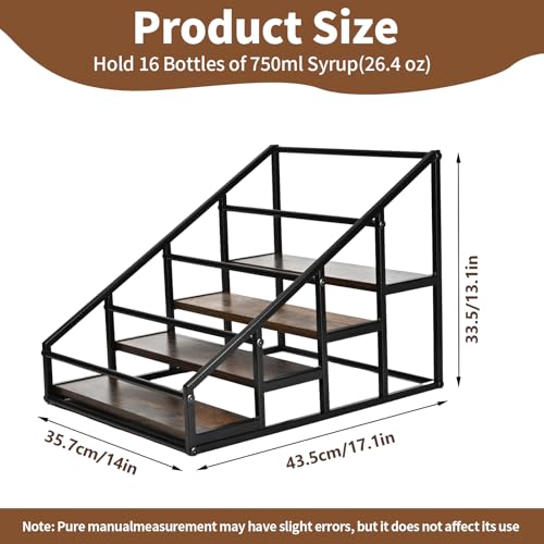 4-Tier Coffee Syrup Organizer Rack - 16 Bottle Rustic Wood Countertop Holder