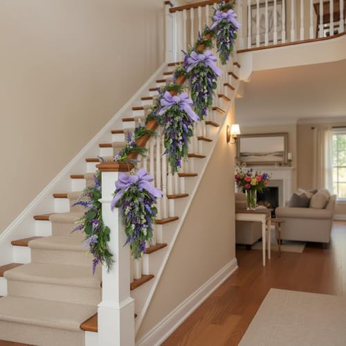 23-Inch Pre-Lit Lavender Teardrop Swag with LED Lights and Gingham Bow