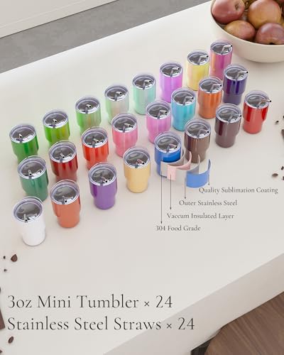 UIRZOTN 24 Pack Mini 3oz Stainless Steel Tumbler Shot Glass with Lid & Straw - Insulated & Customizable