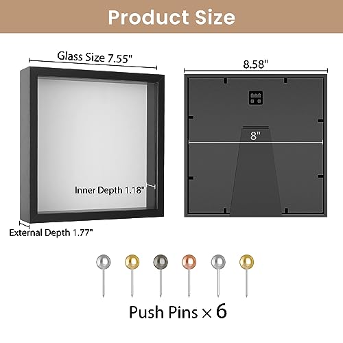 8x8 Shadow Box Frame with Linen Back & Push Pins - Black Memory Display Case