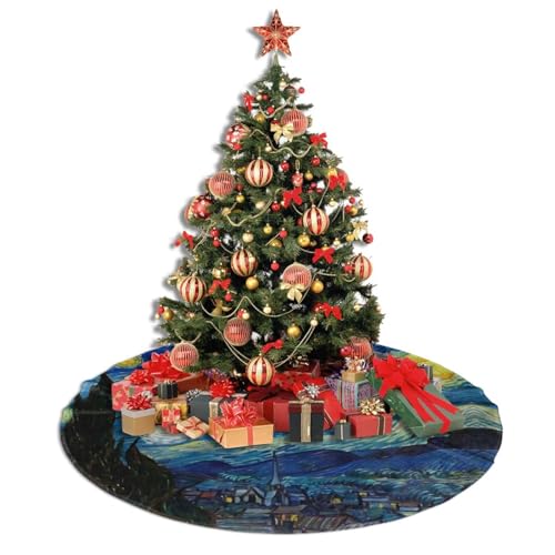 Starry Night Christmas Tree Skirt 36 Inch Santa Snowflakes Rustic Holiday Decor