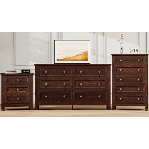 3-Piece Farmhouse Bedroom Furniture Set: 6-Drawer & 5-Drawer Dresser, Nightstand