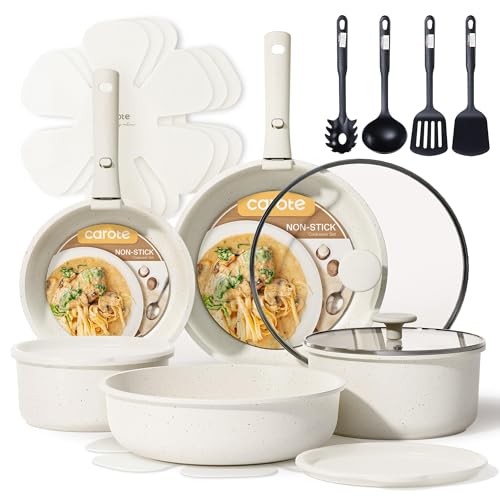 19-Piece Nonstick Pots and Pans Set with Removable Handles, Cream White
