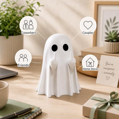 Funny Middle Finger Ghost Figurine, Sassy Resin Halloween Desk Decor