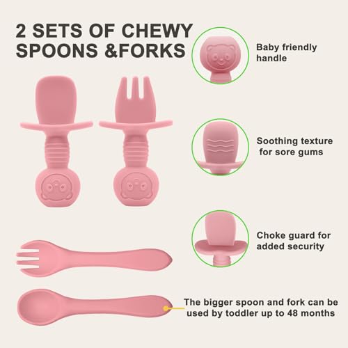Silicone Baby Feeding Set with Suction Plate, Bowl, Bib and Utensils Pink
