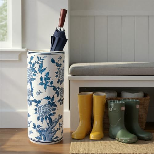 Blue and White Ceramic Umbrella Stand - 18-Inch Floral Entryway Decor
