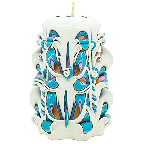 Handmade Rainbow Candle - Carved Gift for Her, White/Blue - Small