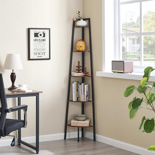 5-Tier Corner Bookshelf, Industrial Rustic Wood Ladder Display Stand