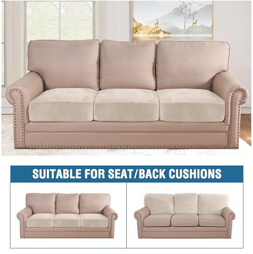 Velvet Stretch Sofa Cushion Covers - 3-Piece Plush Furniture Protector (Ivory)