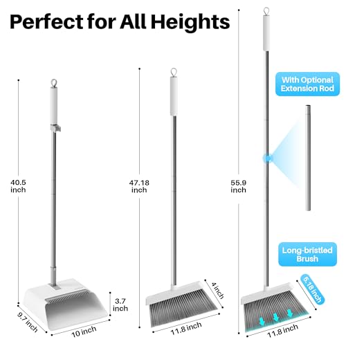 Upright Broom and Dustpan Set with Built-in Comb Teeth & Long Handle