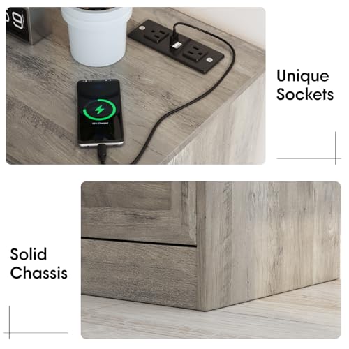 6-Drawer Wood Dresser with Charging Station, Ash Grey Bedroom Organizer
