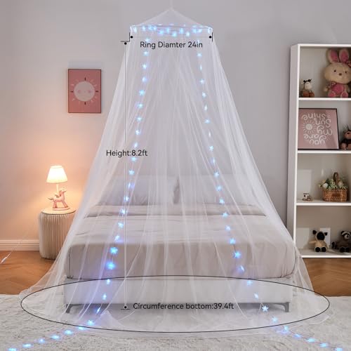 Princess Bed Canopy with LED Star Lights & Remote Timer for Twin to King Beds