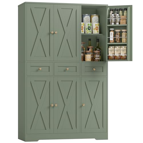 67" Farmhouse Kitchen Pantry Cabinet with Drawers, Green Storage Cupboard