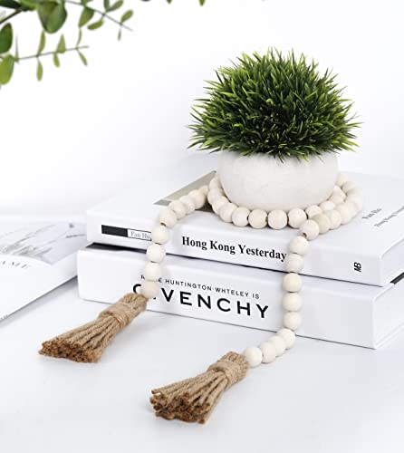 39-Inch Natural Wood Bead Garland with Jute Tassels, Boho Farmhouse Decor