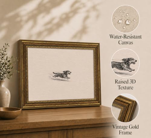 Gold Framed Running Dog Wall Art Vintage Sketch Canvas 9x11 Inch