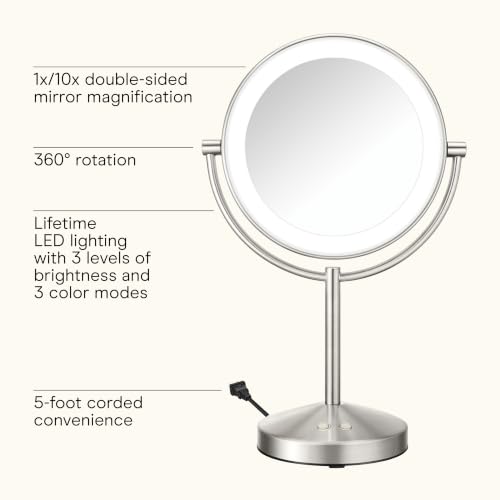 Conair LED Vanity Mirror, Double-Sided, 10x Magnification, Satin