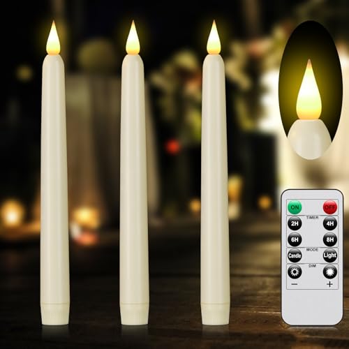 PILLOBOX Ivory Flameless Taper Candles with Remote, 3-Pack, 9.6in, 2AA Battery, 3D Flicker