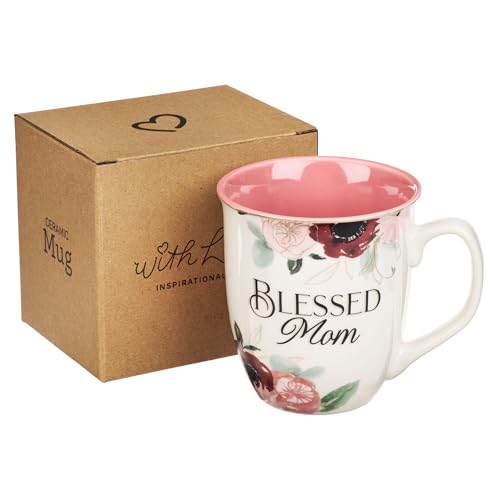 WITH LOVE Blessed Mom 14oz Ceramic Coffee Mug - Large Pink Floral Interior