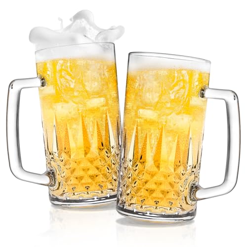 20oz Crystal Beer Mugs with Handle - Set of 2 Freezer-Safe Glass Steins