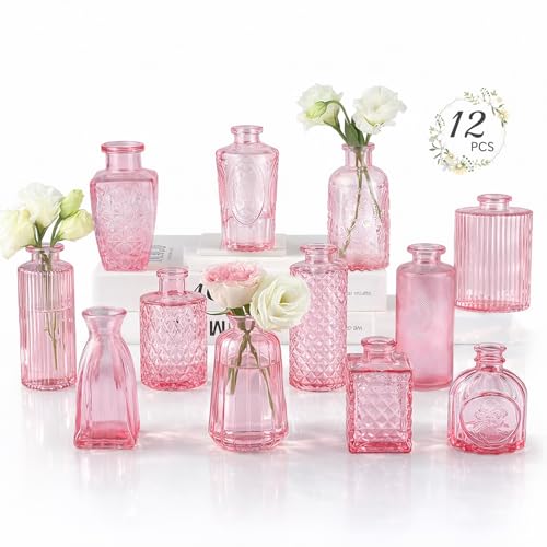 12 Pack Pink Glass Bud Vases - Small Vintage Flower Vases for Centerpieces