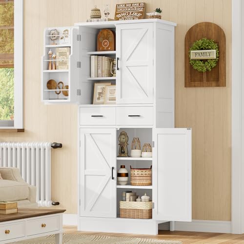 Tall Farmhouse Pantry Cabinet with Barn Doors, Adjustable Shelves & Drawer