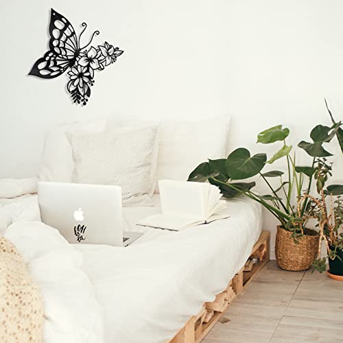 Metal Butterfly Flower Wall Art - 10.6-Inch Black Boho Hanging Decor