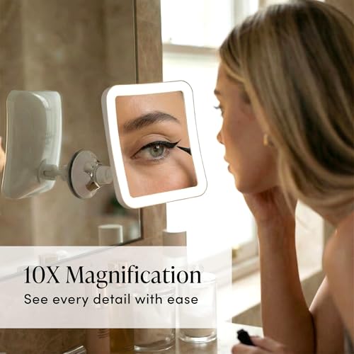 Fancii White 10X Magnifying Lighted Makeup Mirror – Cordless, Portable Vanity with Locking Suction