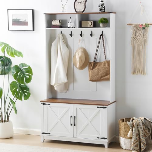 38-Inch Farmhouse Hall Tree with Bench, Shoe Storage, and Coat Rack