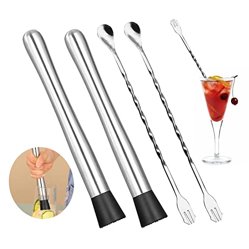 Melunira 10-Inch Silver Cocktail Muddler Set with 2 Spoons - Barware