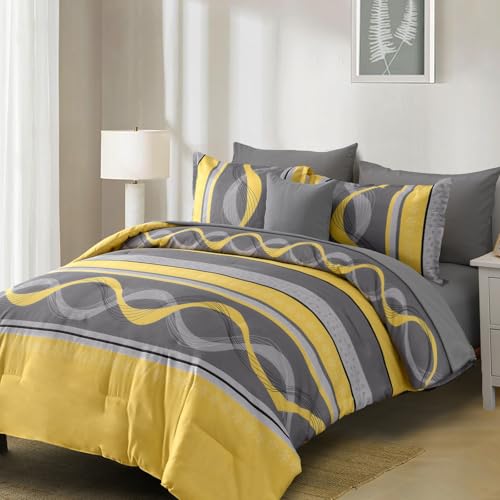 Queen Bed in a Bag Comforter Set - 8-Piece Yellow Patchwork Striped Boho