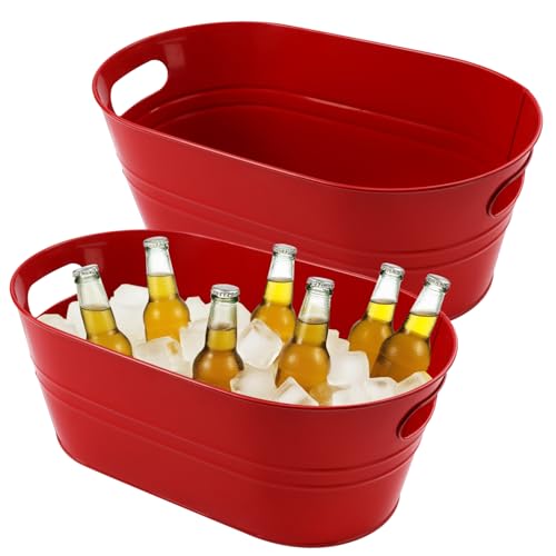 Biugaaufai 2 Pack 3 Gallon Red Galvanized Beverage Tubs with Handles - Large Metal Drink Buckets for Parties & Outdoor Events