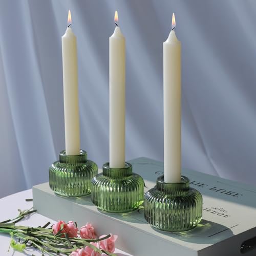 Woho Green Ribbed Taper Candle Holders (Set of 8) – Double-Sided, Vintage Glass