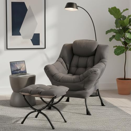 Modern Ergonomic Lounge Chair with Ottoman, Foldable Accent Reading Chair