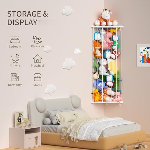 Befayoo White Corner Stuffed Animal Storage Organizer Hammock - Kids Toy Wall Mount