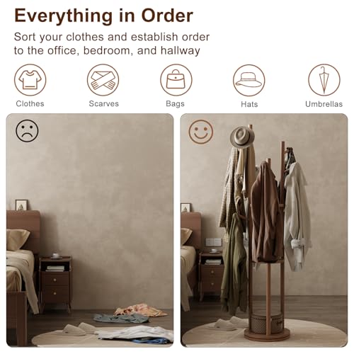 Solid Wood Rotating Coat Rack with 3 Shelves and 9 Hooks, Walnut