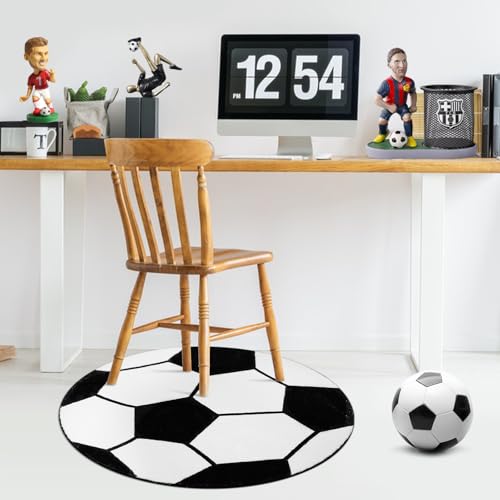 31-Inch Round Soccer Area Rug, Non-Slip Sports Bedroom Mat for Kids