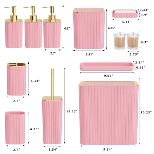 12-Piece Pink Bathroom Accessory Set with Trash Can and Soap Dispenser