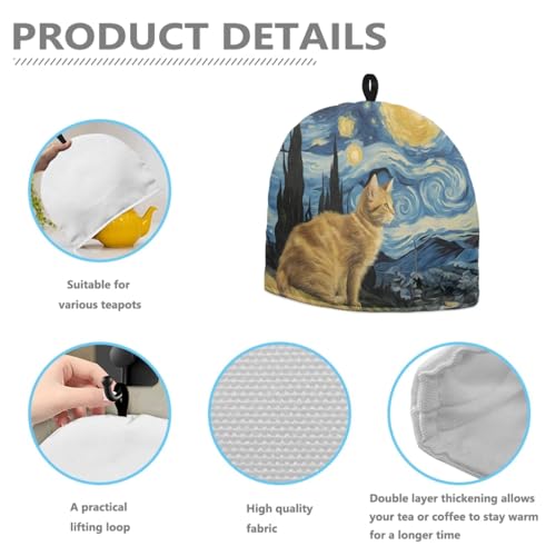 Starry Night Cat Art Tea Cozy - Insulated Teapot Cover for Hot Tea